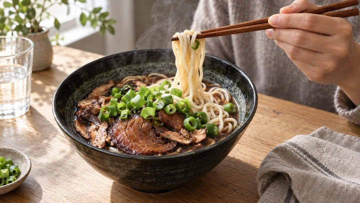 Fertig erhitzte Ramen mit Brühe, Toppings und angehobenen Nudeln